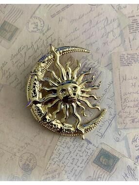 Astrological Whimsigoth Intertwined Crescent Sunburst Statement Brooch Accessory